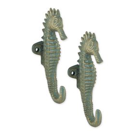 Cast Iron Aquamarine Seahorse Wall Hooks - Set of 2