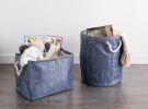 Navy and Silver Woven Paper Bin with Rope Handles - 12 inches