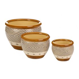 Tan Ceramic Diamond Pattern Planter Set