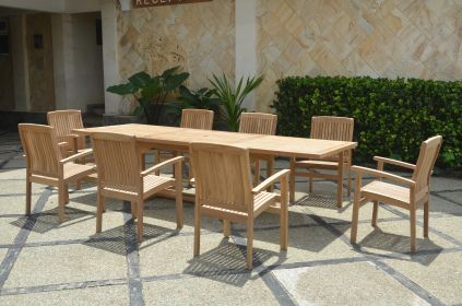 Sahara 9 Pieces Stackable Armchair and Bahama Rectangular Extension Outdoor Dining Set