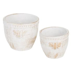 Cement Flower Pot Set - Gold Bee Whitewashed