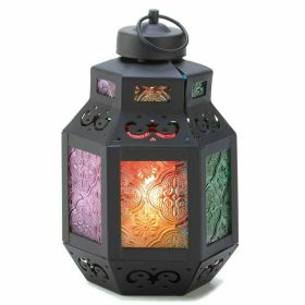 Candle Lantern with Multi-Color Glass Panels - 7.5 inches