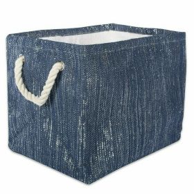 Navy and Silver Woven Paper Bin with Rope Handles - 12 inches